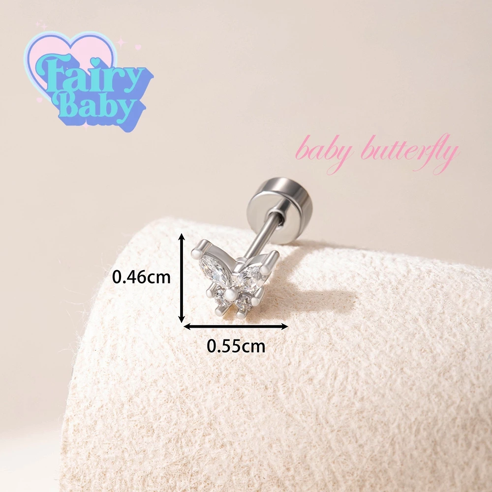 Fairybaby จิว baby butterfly ( 1 ชิ้น ) แป้นแบน รูปผีเสื้อ เพชรสีขาว เล่นแสง สวย ลายใหม่ หนา 0.8 ยาว 6 mm (J3-011)