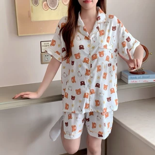 ชุดนอนแขนสั้น-ขาสั้น ชุดนอนผู้หญิง ผ้าไหมญี่ปุ่น L-4XL ลายการ์ตูนน่ารัก ชุดนอนแฟชั่น พร้อมส่ง