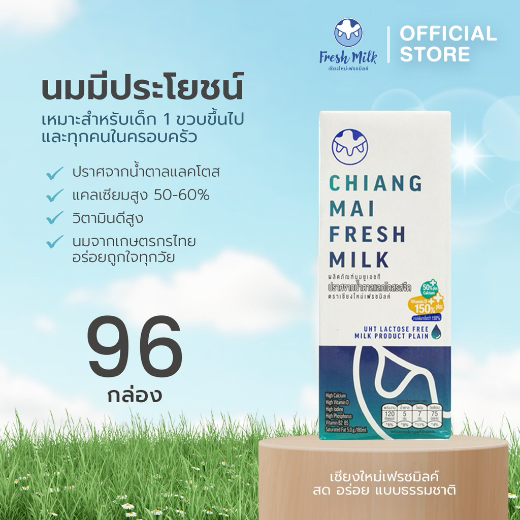 [96 กล่อง/ลัง] Chiangmai Freshmilk Lactose Free High Calcium High Vit.D นมUHT แคลเซียมสูง 50% นมกล่อ