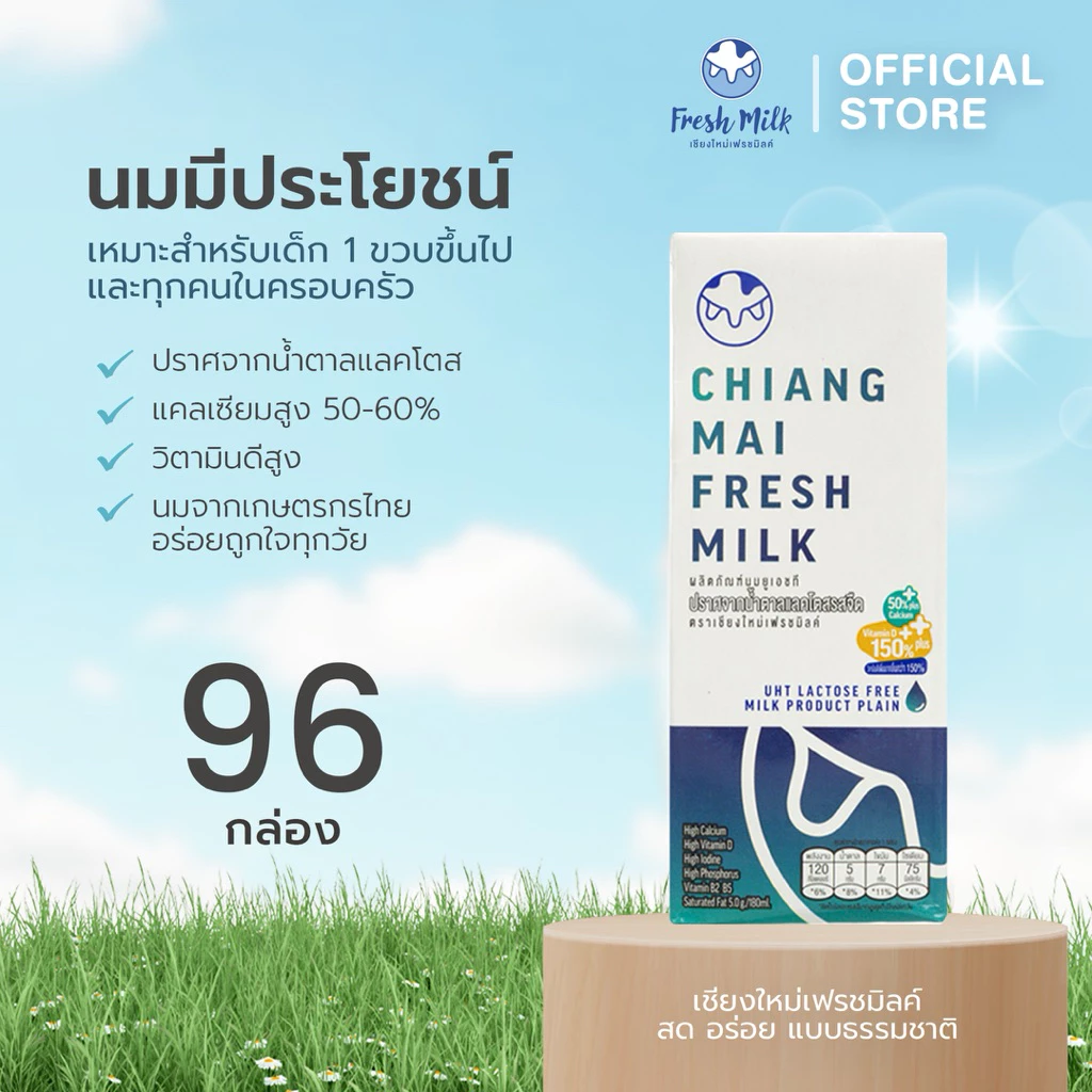 [96 กล่อง/ลัง] Chiangmai Freshmilk Lactose Free High Calcium High Vit.D นมกล่องแลคโตสฟรี แคลเซียมสูง 50%