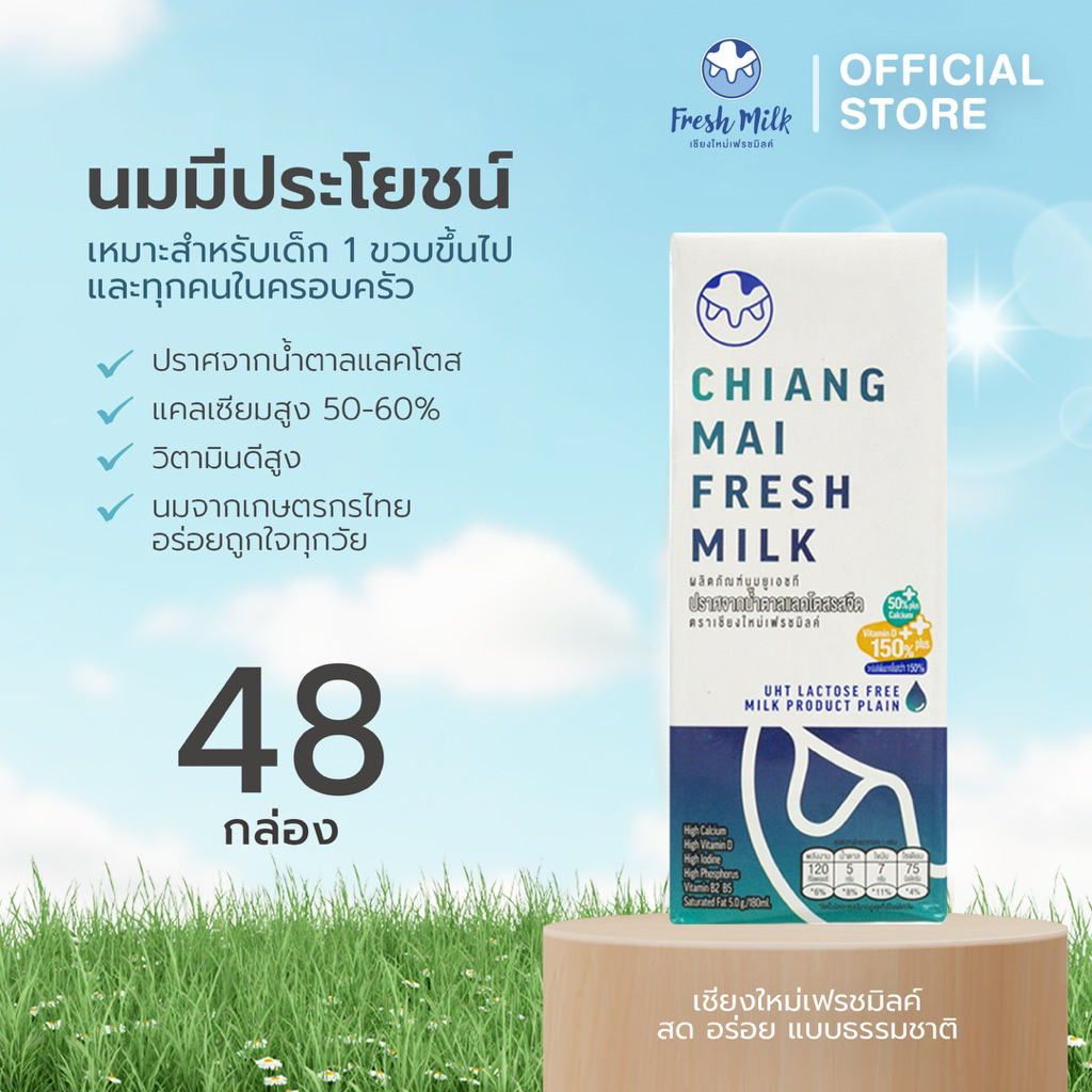 [48 กล่อง/ลัง] Chiangmai Freshmilk Lactose Free High Calcium High Vit.D นมUHT แคลเซียมสูง 50% นมกล่อ