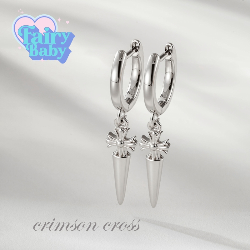 Fairybaby ต่างหูห่วง Crimson Cross Hoop ( 1 คู่  ) ต่างหูห่วง ไม้กางเขน ห้อยตุ้งติ้ง ประกาย สีขาว (E2-015)