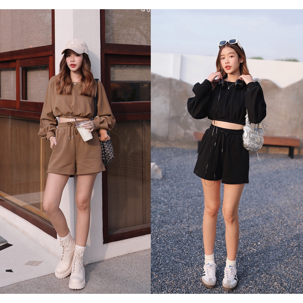 [Sale ปกติ 890 เหลือ 490 บาท] Travel Croped Set ขาสั้น มี 4 สี : สีเทอร์ควอยซ์ , สีดำ , สีครีมเบจ, สีน้ำตาล - NUMBERSEVE