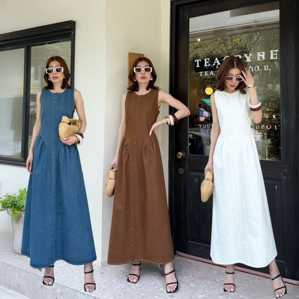 ส่งด่วน🚗 Maxi Denim Dress เดรสยีนส์แขนกุด ดีเทลจับพลีท มีเชือกผูกหลัง ทรงสวย รุ่นใหม่ | Studiox2 | H