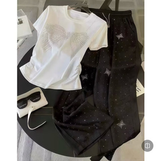 ชุดเซ็ท รีดเพชร เสื้อรีดเพชรลายโบว์ กางเกงรีดเพชรลายผีเสื้อ …