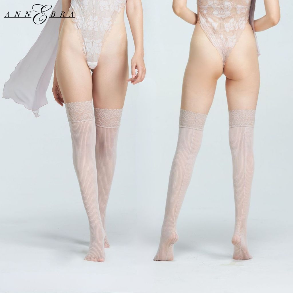 Annebra ถุงน่อง ผ้าเน็ตลายร่อง แต่งขอบผ้าลูกไม้ยืด Lace Stocking รุ่น AA2-082 BEIGE WHISPERS