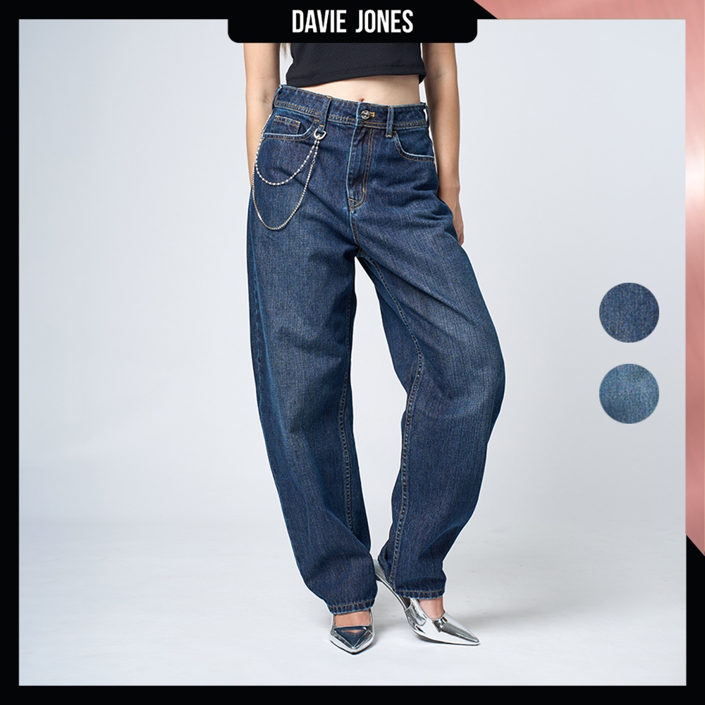 DAVIE JONES WOMEN กางเกงยีนส์ ผู้หญิง Women Balloon Barrel Fit Jeans BL0001 สีกรม น้ำเงิน