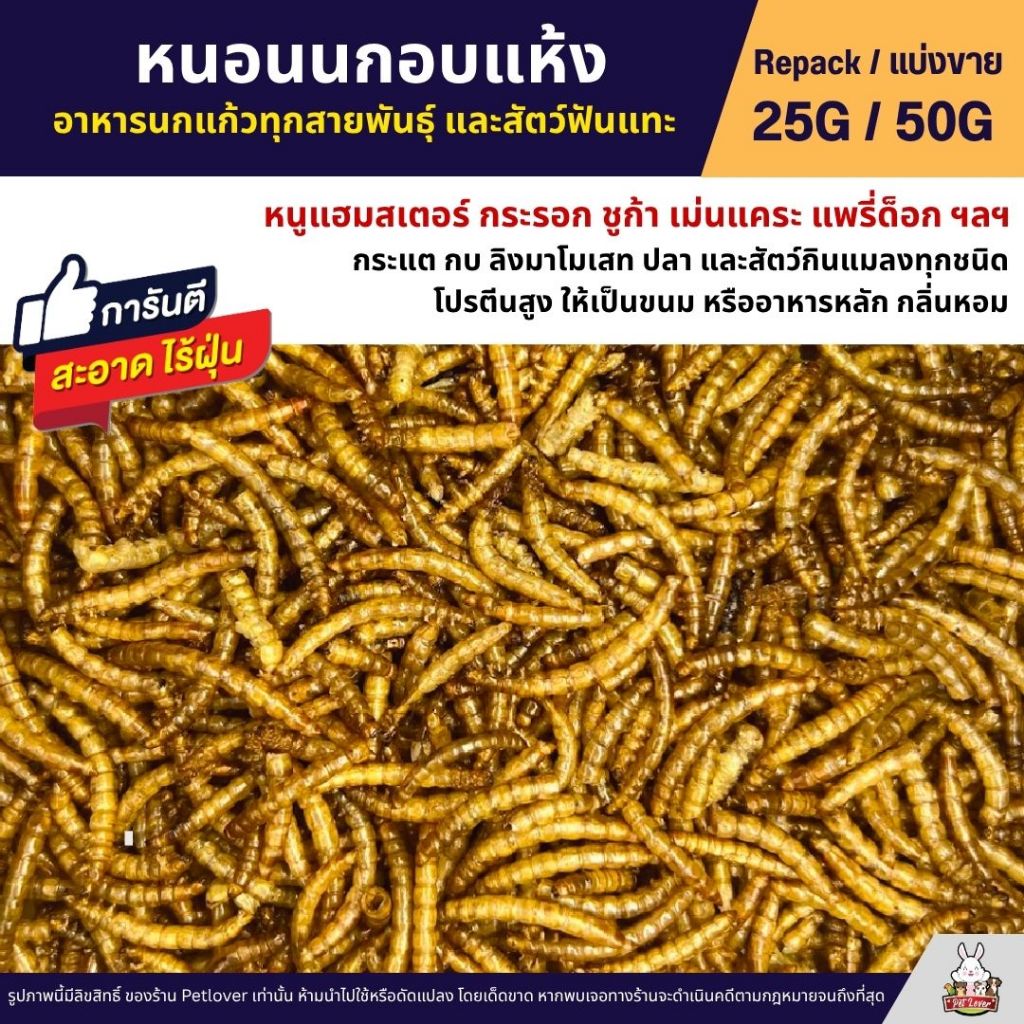 หนอนนกอบแห้ง เกรดA อาหารหนูแฮมสเตอร์ ชูก้า แพรี่ดอก เม่นเคระ และสัตว์เลี้ยงอื่นๆ (แบ่งขาย 25G / 50G)