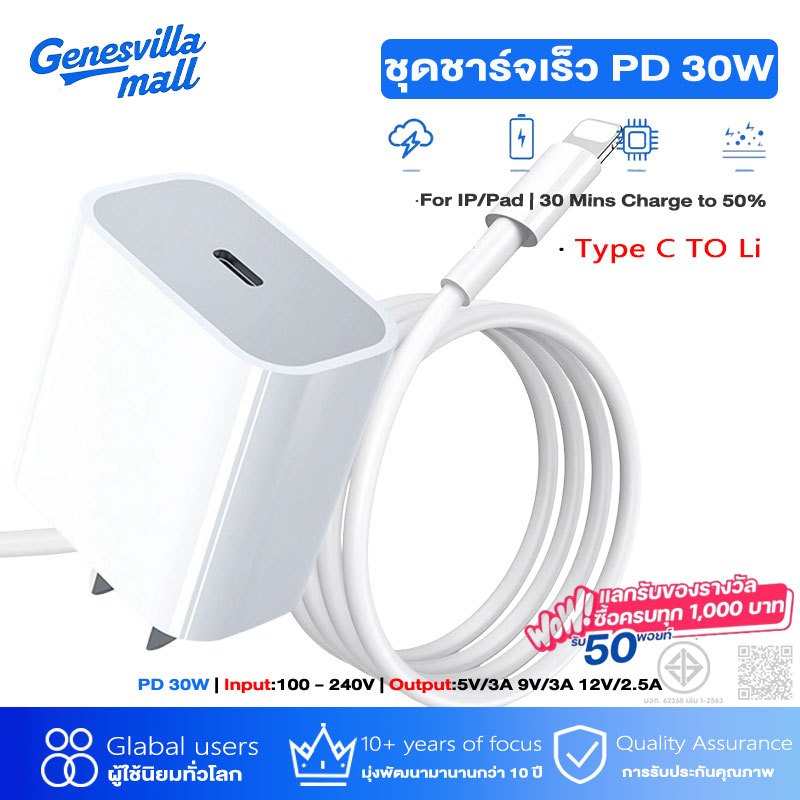 หัวชาร์จเร็ว+สายชาร์จเร็ว PD 30W ชุดชาร์จ type-c Fast charge type c to Li รองรับ