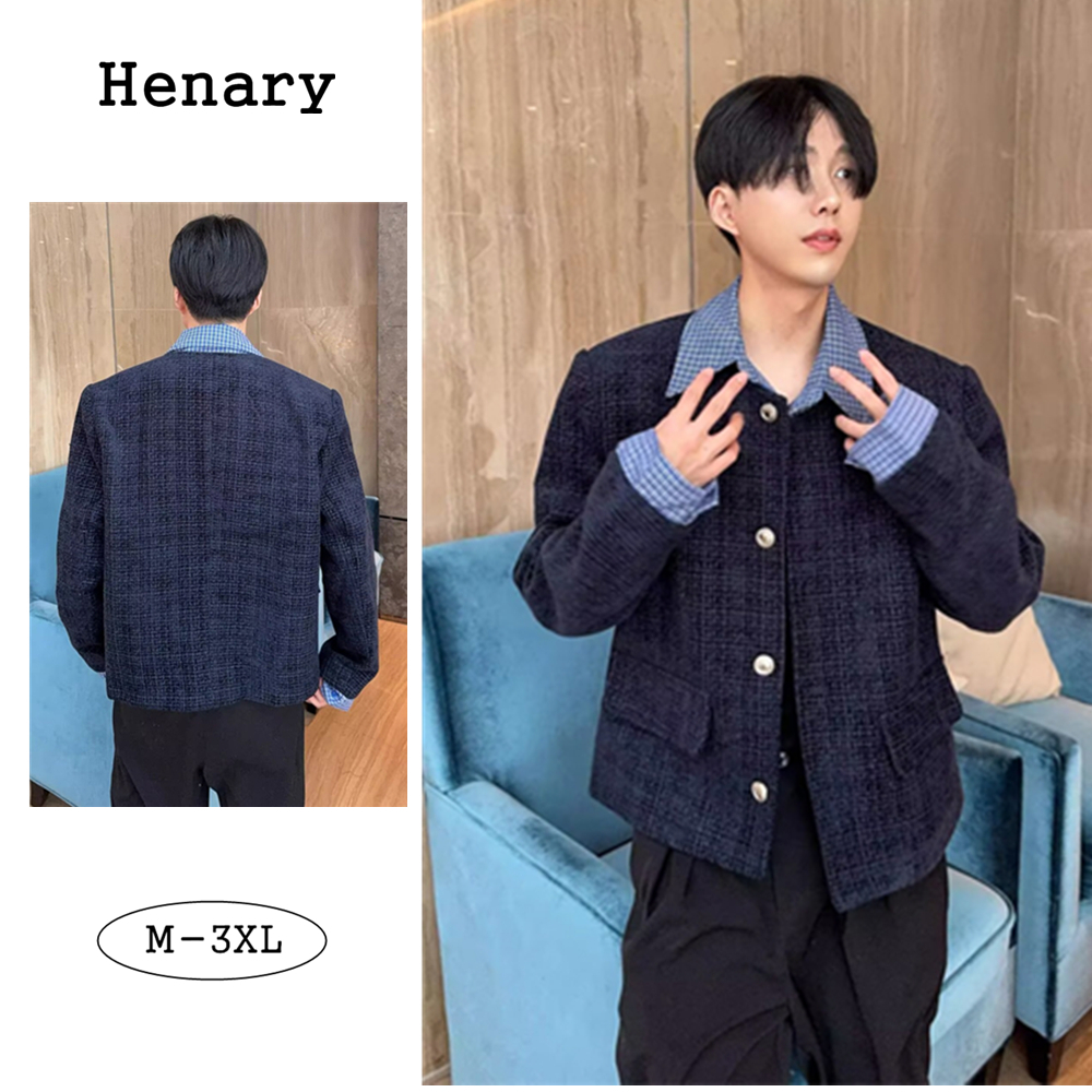 Henary เสื้อแจ็คเก็ตผู้ชายสไตล์เกาหลีใหม่ เสื้อแจ็คเก็ตติดด้านหน้าแบบสองชิ้นปลอม ท่อนบนสั้นหลวมใส่สบ