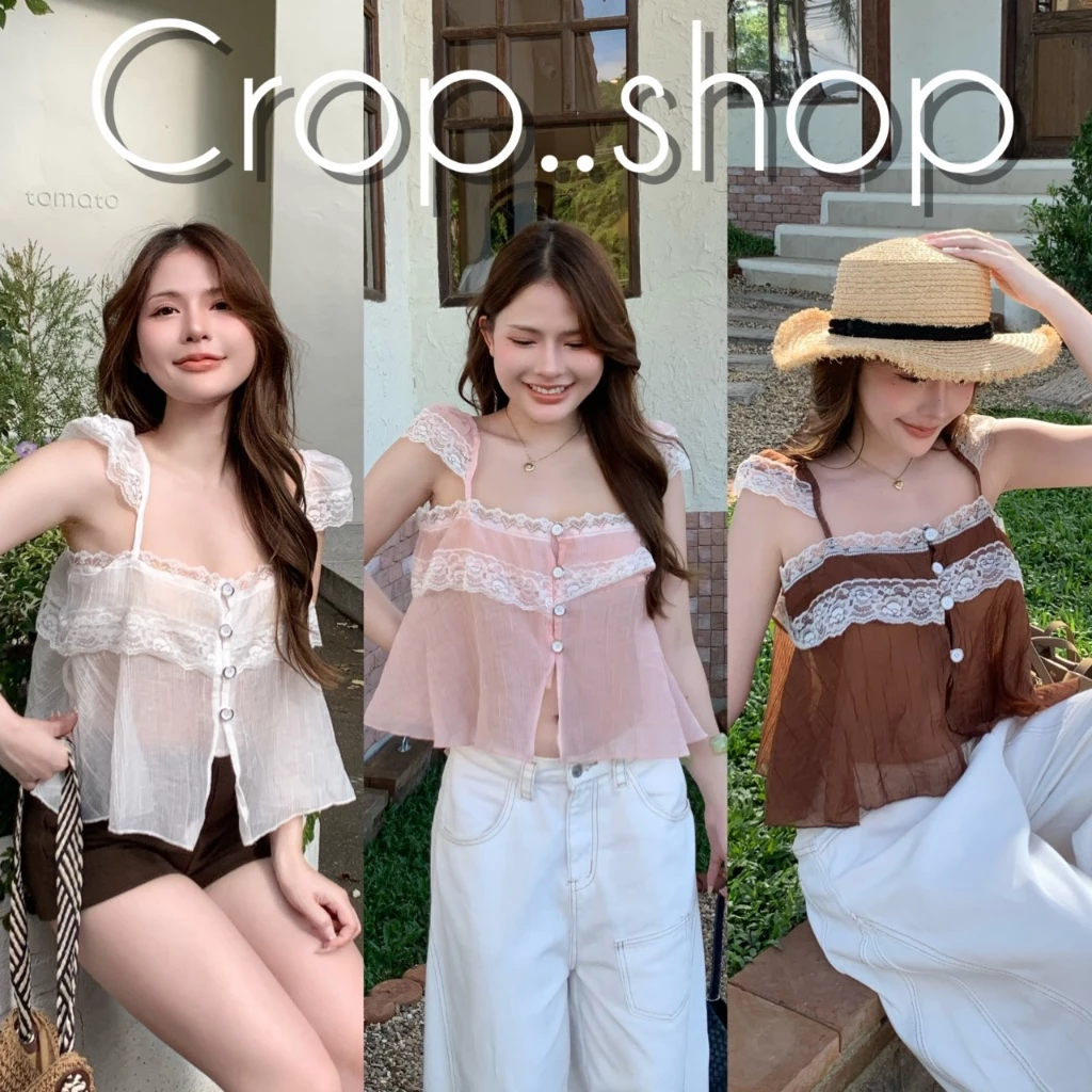 crop..shop สายเดี่ยว งานดูดี สวยคุณหนูสุดๆ ผ้าบางพริ้วไหว เเต่งระบาย งานกระดุม เก๊มากก