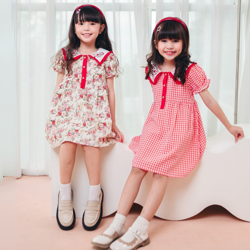 Chelsee ชุดเดรสกระโปรง ปกแหลม ลายสก๊อต ดอกไม้ ผ้า Woven 100%Cotton เด็กผู้หญิง อายุ 1.5-10 ปี เสื้อผ้าเด็ก รุ่น 238172