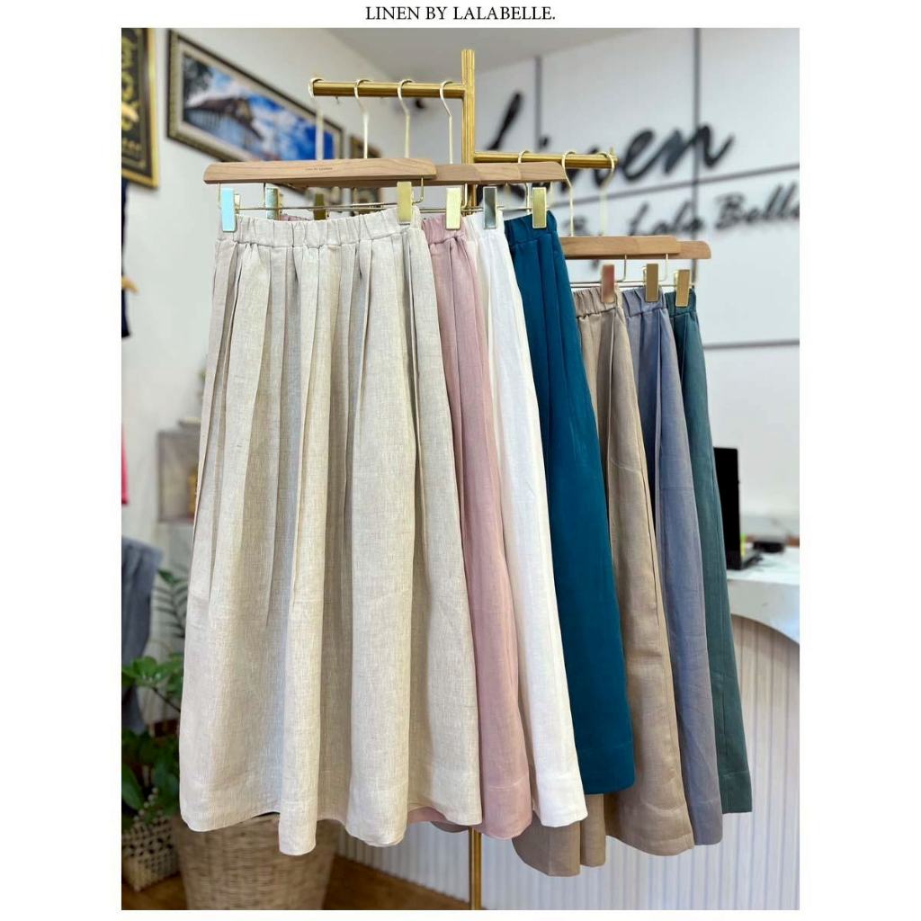 กระโปรงลินิน 100% ดีเทลเอวจีบรอบ ทรงสวยน่ารัก มีกระเป๋า 2 ข้าง