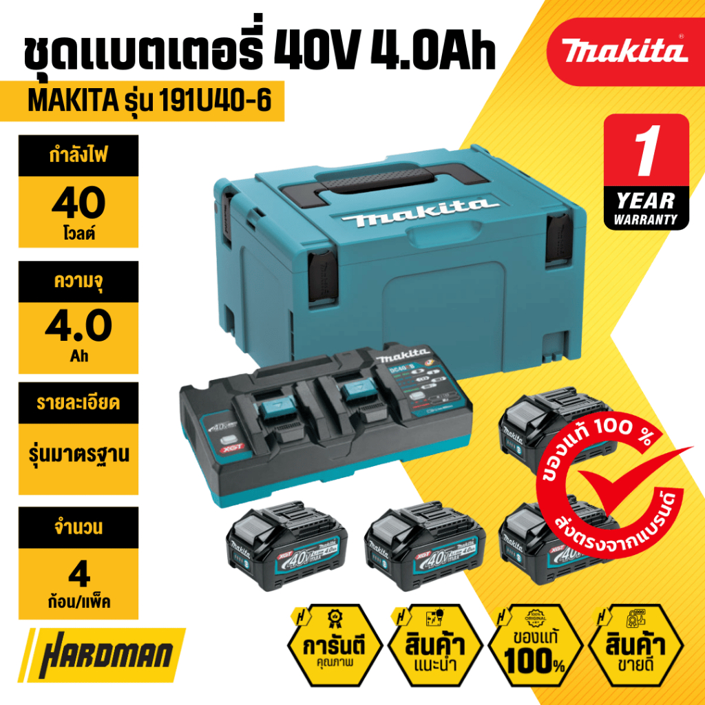 MAKITA 191U40-6 ชุดอแบตเตอรี่และแท่นชาร์จ 40V 4.0Ah มาพร้อมกล่อง MAKPAC (BL4040x4 + DC40RB)