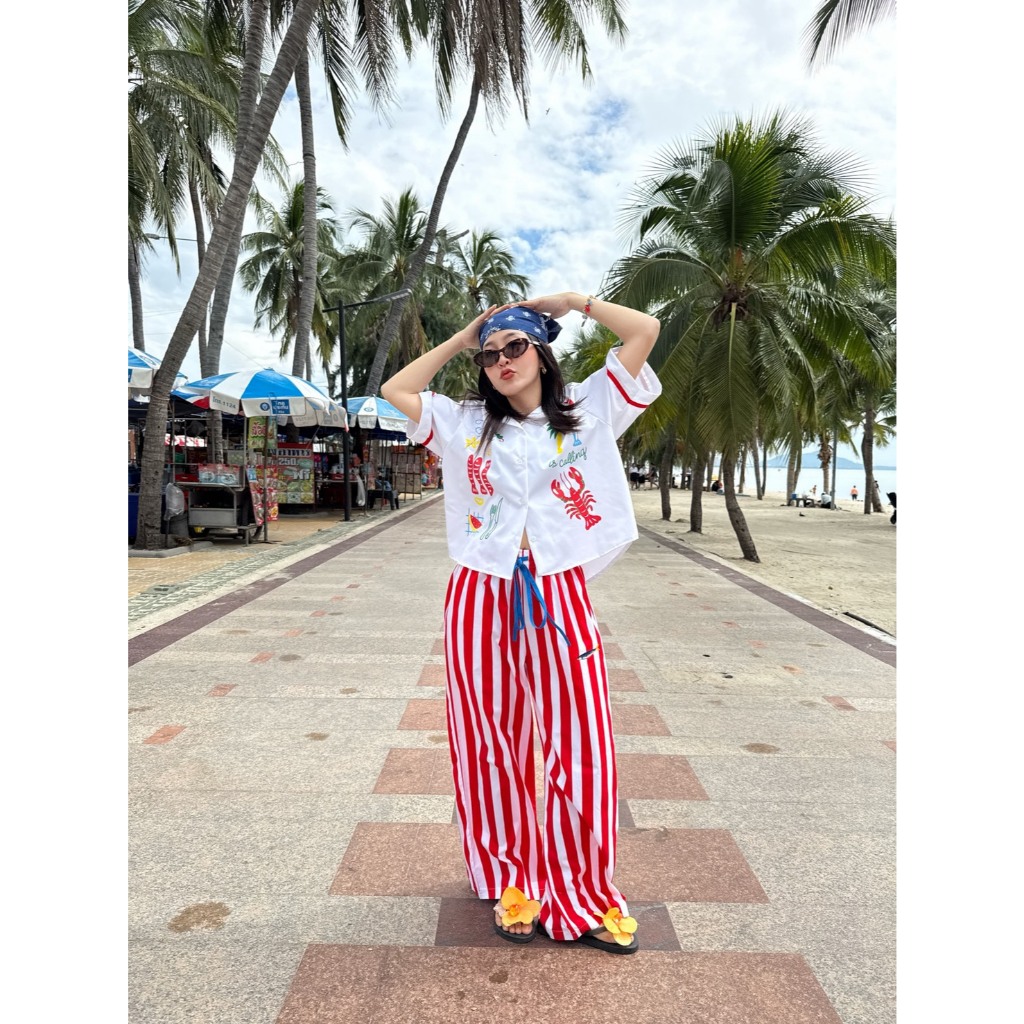 Pool Pants - กางเกงลายริ้ว ขาสั้น / ขายาว ทรงสวย เอวสูง  งานปัก พร้อมส่ง    ผ้าเกรดพรีเมียม รอบนี้สวยแบบ 10/10 ไม่หักเลย - รูปที่ 6