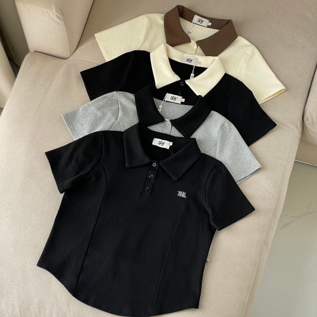 SISSY : เสื้อแขนสั้นคอปกชายโค้ง (S-XXL) ทูโทน ผ้านุ่มยืดใส่สบาย แต่งลายเส้นใส่แล้วพรางหุ่น