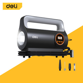 Deli ปั๊มลมไฟฟ้าติดรถ ปั้มลมอัตโนมัติ เติมลมยาง ที่สูบลมแบบพ…