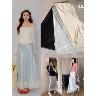 •LILIL STUDIO• LLS 91992 กระโปรงผ้าซาตินแต่งปลายลูกไม้ เอวยา…