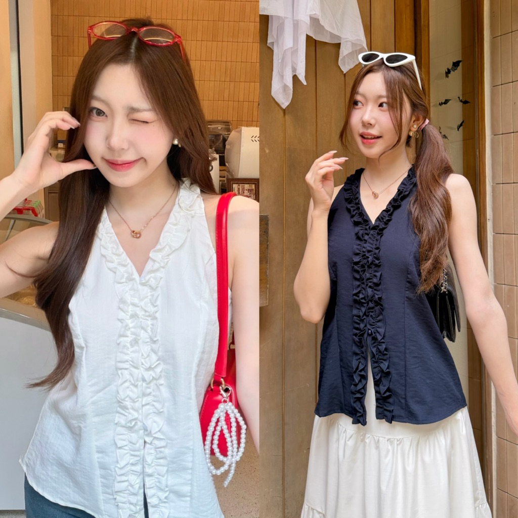 littlesoulmate เสื้อแขนกุดคอวีสไตล์เกาหลี ผ้าอย่างดีมีtexture ชายทรงปล่อย ใส่แล้วดูผอม(rolli)
