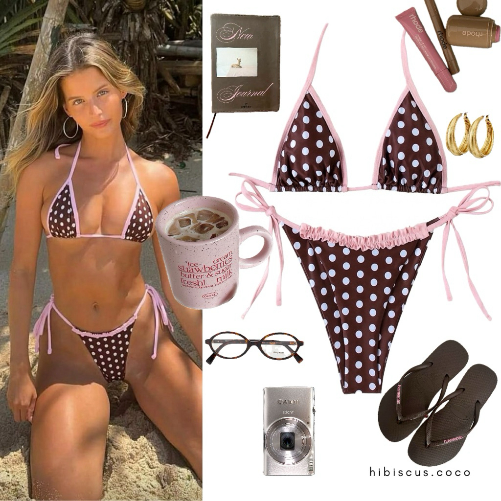 Hibiscus.coco | [พร้อมส่ง] Cocoa pink polka muse 👙🍫💗 บิกินี่โพลก้าช็อกโกพิงก์ เชือกผูก ทรงสามเหลี่ยม สุดหวานซ่อนแซ่บ