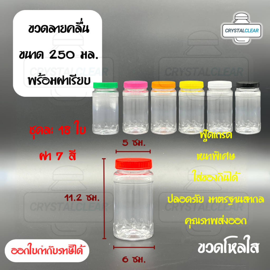 (18ใบ) กระปุกพลาสติก ขวดโหล ขวดPET ใส่อาหาร ของดอง ถั่ว ขนม ขวดกระบอก กลม ลายคลื่น 250ml ขวดพลาสติก