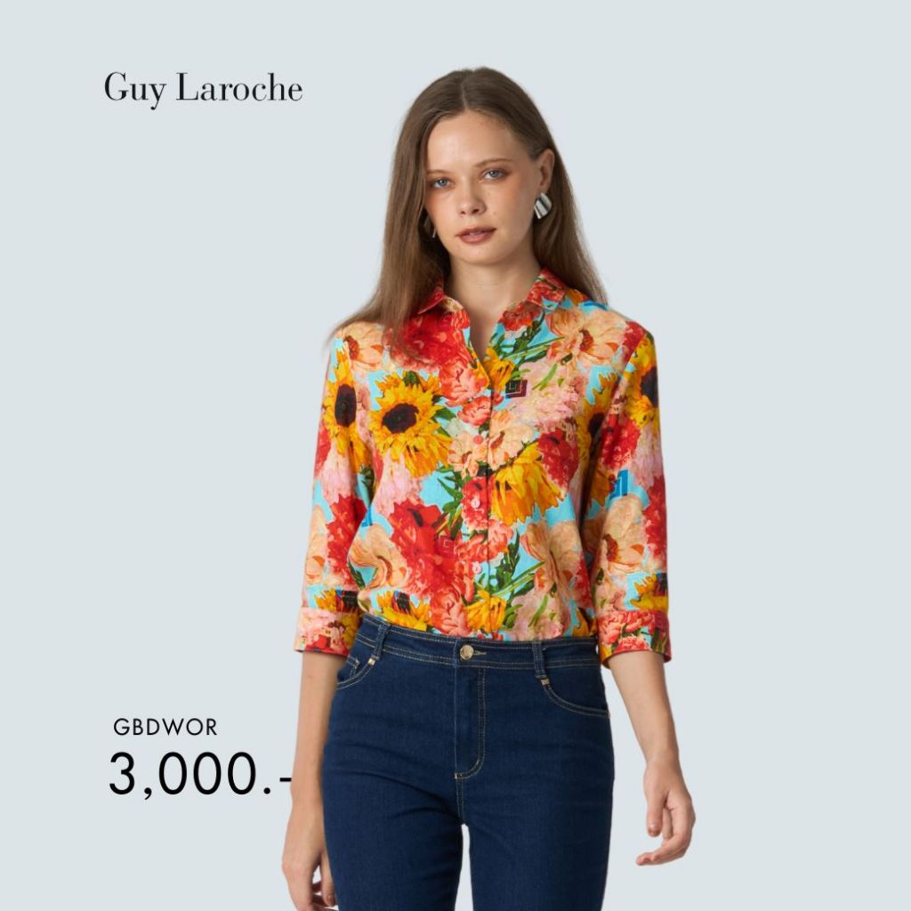 Guy Laroche เสื้อเชิ้ตผู้หญิง ไลท์ ลินิน ลาย วินเทจ แขนสามส่วน สีส้ม GBDWOR