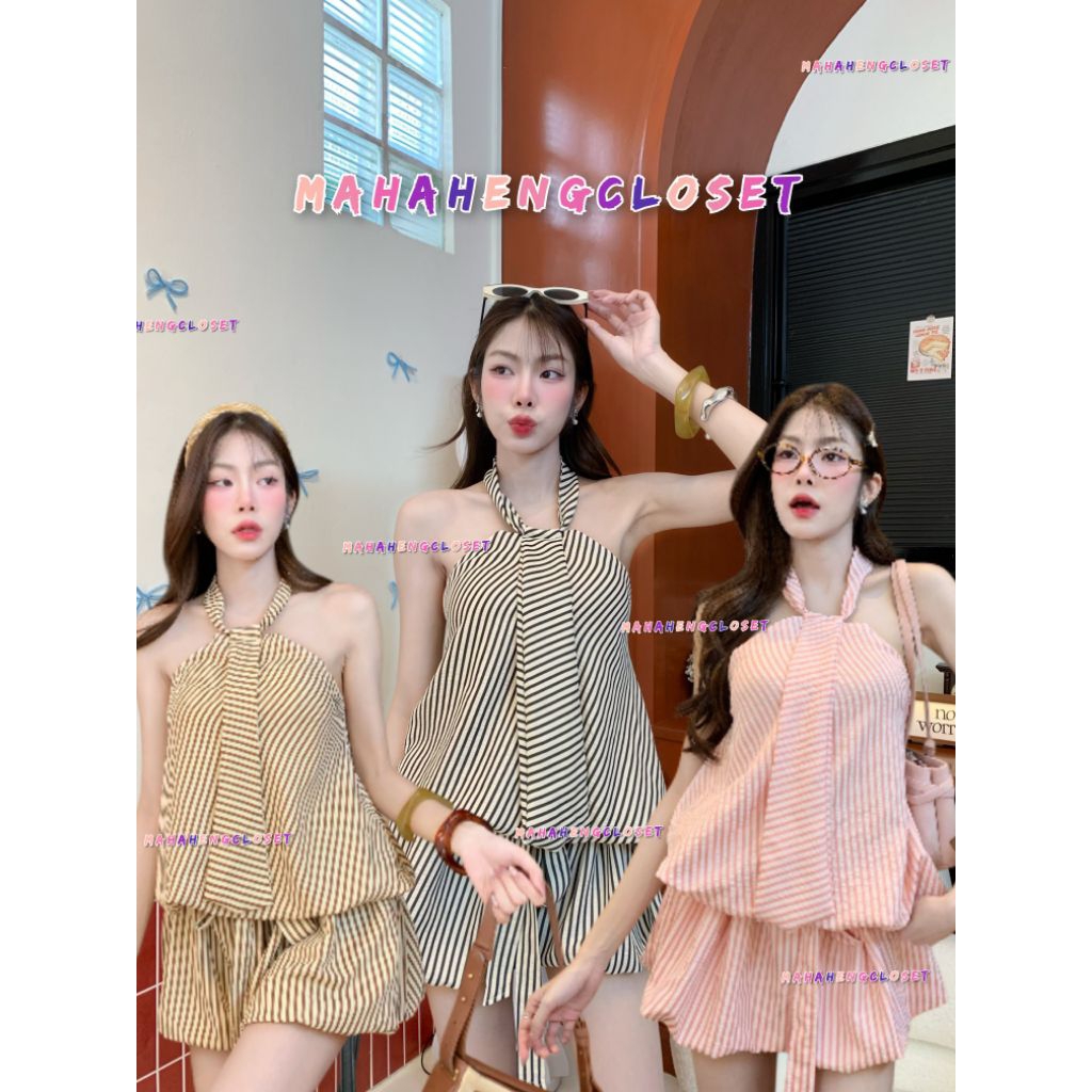 💰MahahengCloset💰เสื้อคล้องคอทรงบอลลูน ลายริ้วพองละมุน ผ้าพริ้วใส่สบายใส่แล้วหวานมากก💕