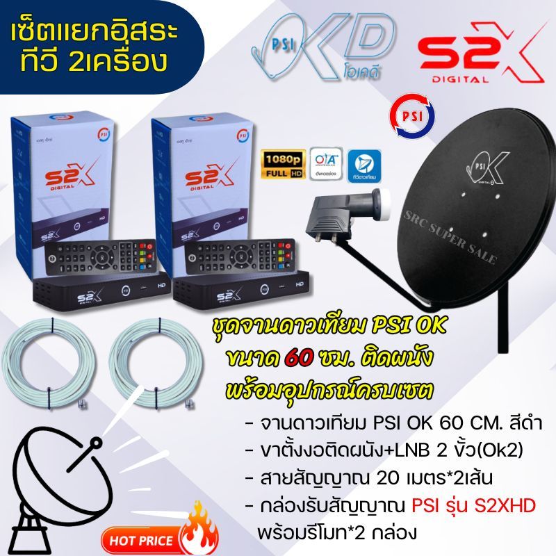 ชุดจานดาวเทียม PSI 60 cm.+กล่อง PSI S2X HD 2 จุด+ **พร้อมสาย20เมตร 2 เส้น**