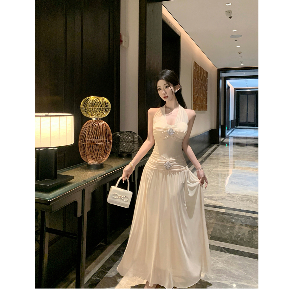 แม็กซี่เดรส คล้องคอ ผ้าตาข่าย อกและเอวจับจีบแต่งเพชร หลังยางยืด กระโปรงทรงเอ ชุดออกงาน ชุดไปทะเล #8168 - รูปที่ 5