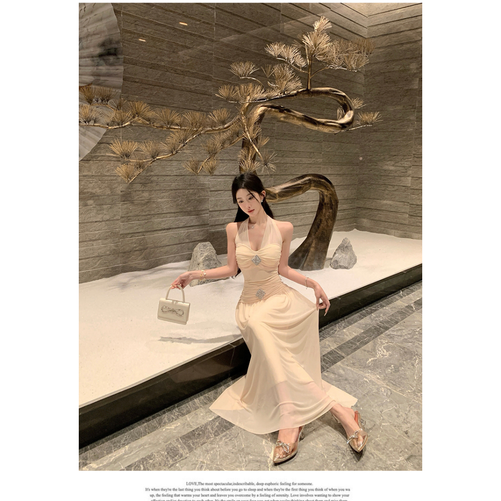 แม็กซี่เดรส คล้องคอ ผ้าตาข่าย อกและเอวจับจีบแต่งเพชร หลังยางยืด กระโปรงทรงเอ ชุดออกงาน ชุดไปทะเล #8168 - รูปที่ 4