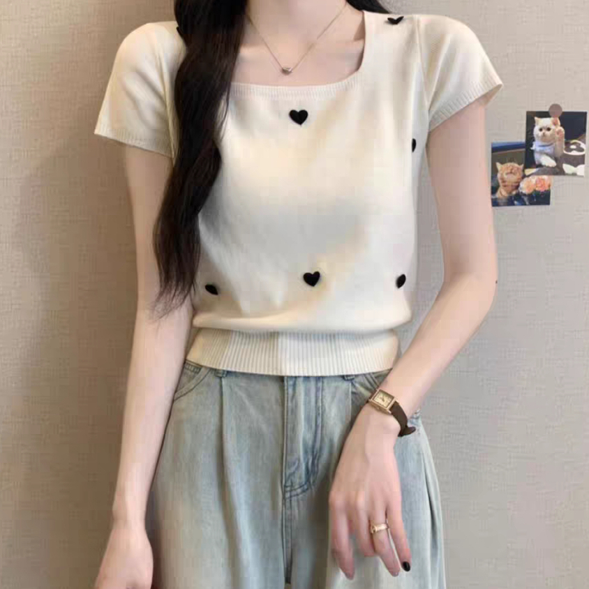 micki~ความรัก ปลอกคอสแควร์ ถัก เสื้อแขนสั้น รุ่นใหม่ เวอร์ชั่นเกาหลี เรียบง่าย เอนกประสงค์