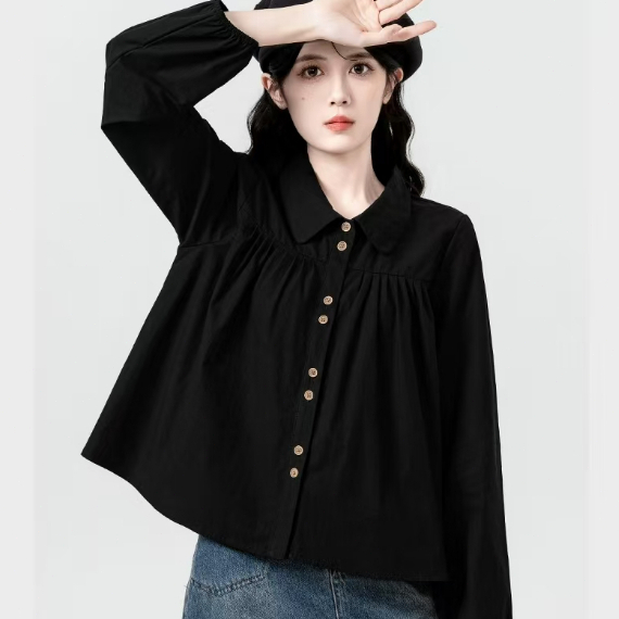 micki~แบบฝรั่งเศส เสื้อแขนสั้น เสื้อเชิ้ต ผอมเพรียว หวาน สดชื่น อภิบาล เวอร์ชั่นเกาหลี สีทึบ