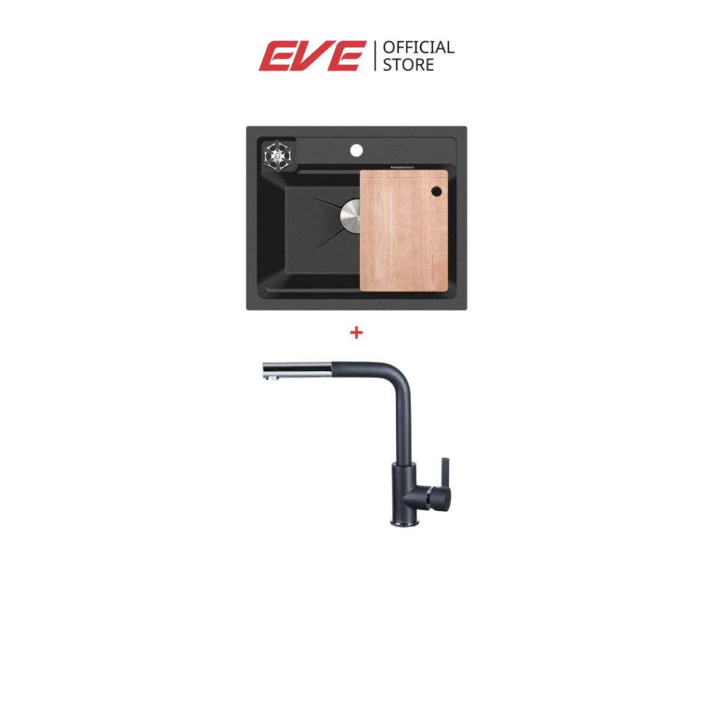 EVE ซิงค์ล้างจาน หินแกรนิตสังเคราะห์ รุ่น NEROLUX 600/500 BLACK + ก็อก LEXI BLACK