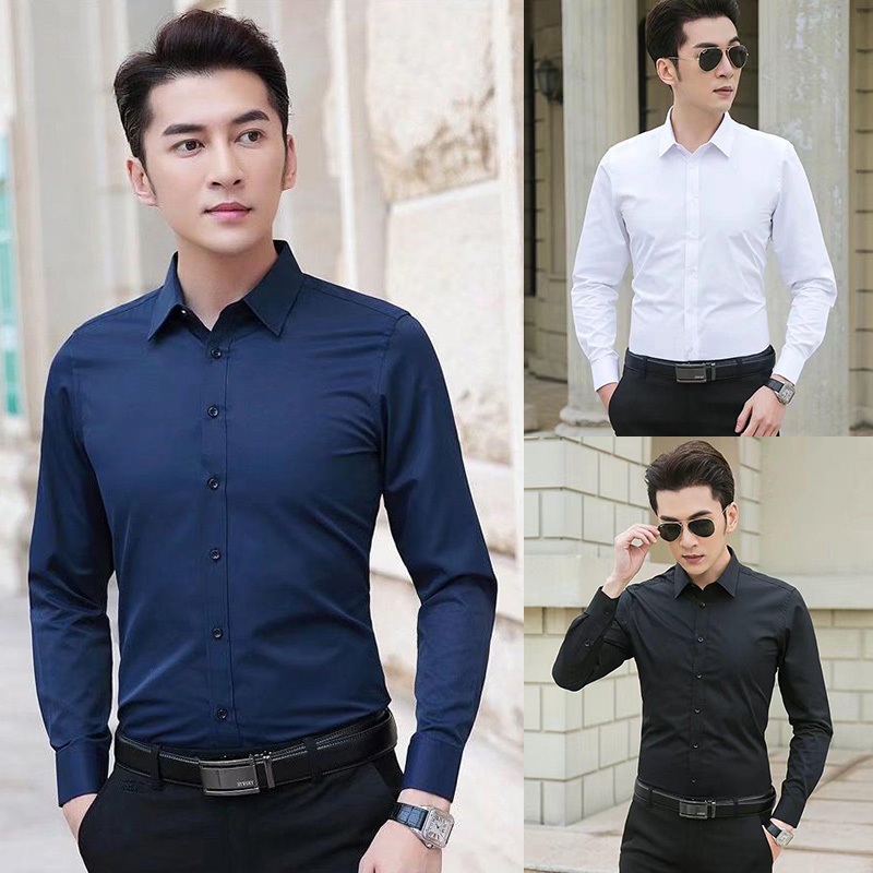 พร้อมส่งจากไทย✨เสื้อเชิ๊ตผู้ชาย เสื้อเชิ้ตแขนยาว คอปก สีพื้น สไตล์เกาหลี ทรงเข้ารูป ใส่ทำงานใส่เที่ยวได้ (ขาว/สีดำ)N2026