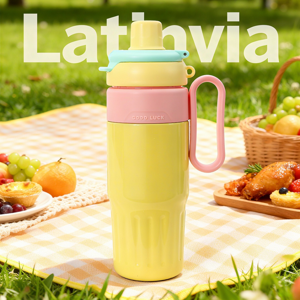 LATINVIA ทันสมัยสำหรับผู้หญิง กระติกน้ำ สแตนเลส 316 เก็บร้อนเก็บเย็น ได้นาน ใส่ในรถได้ มีฟาง หูหิ้ว กันรั่ว 780ml