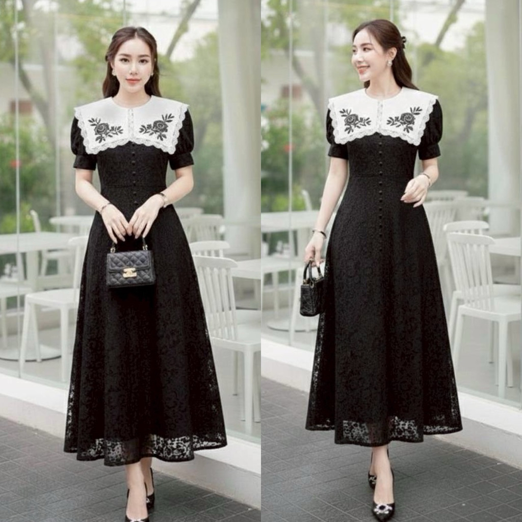 เดรสกระโปรงยาว ผ้าดีทั้งชุด ตัวชุดเป็นทรงสวย ใส่สบาย ปกคอปัก แต่งลูกไม้ระบาย ทรงแขนส้้นแต่งปลายแขนขาว