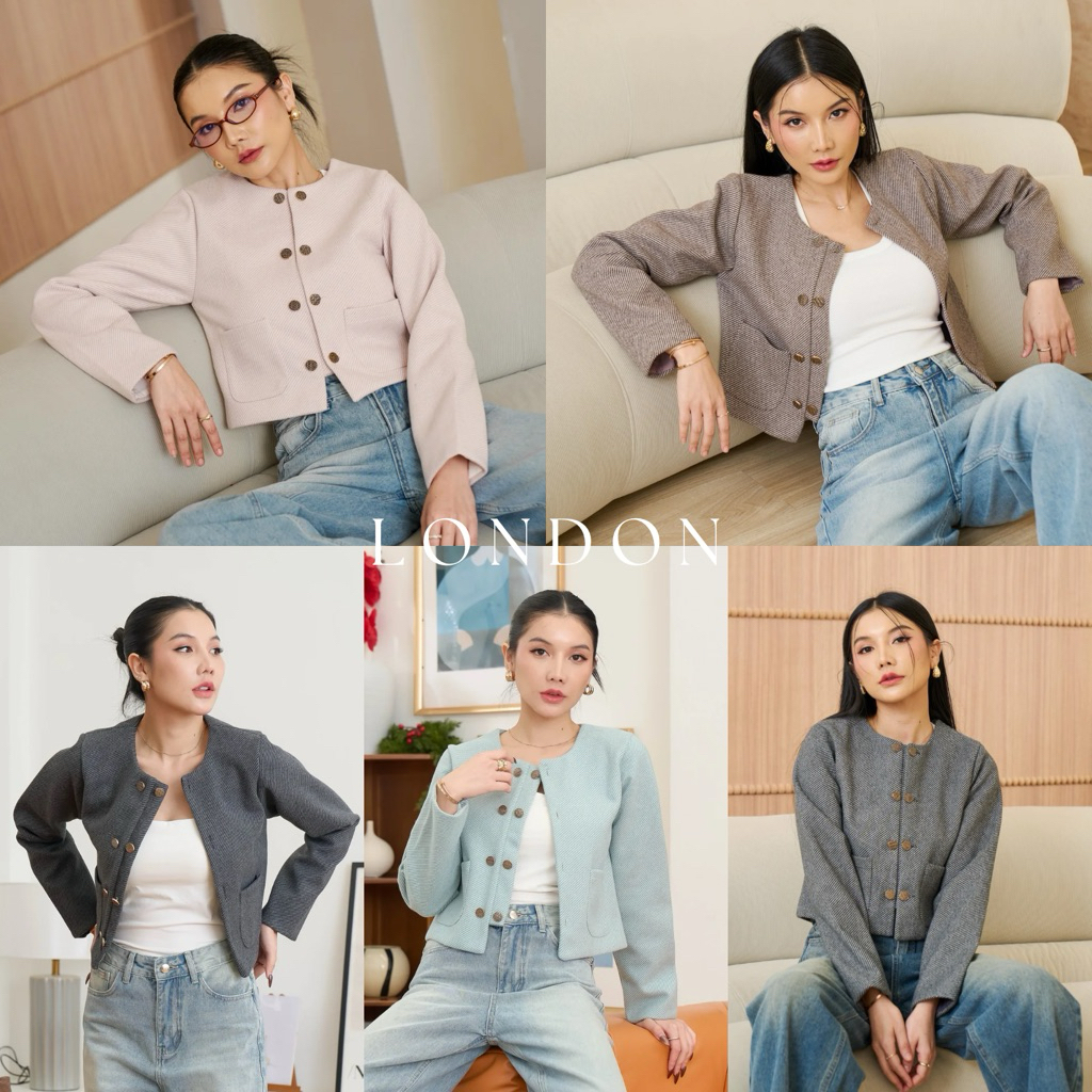 LONDON BLAZER เสื้อเบลเซอร์ผ้าทวีตเนื้อหนา ใส่ได้3แบบ ดีเทลแต่งกระดุมคู่ ใส่ได้ทั้งแบบเดี่ยวหรือคู่