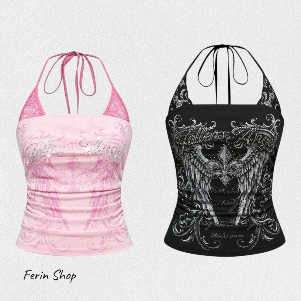 เสื้อ​คล้อง​คอ​ลาย​กราฟิก​ ลูกไม้​คอนทราสต์​ ผูก​หลัง​ เปิด​หลัง​