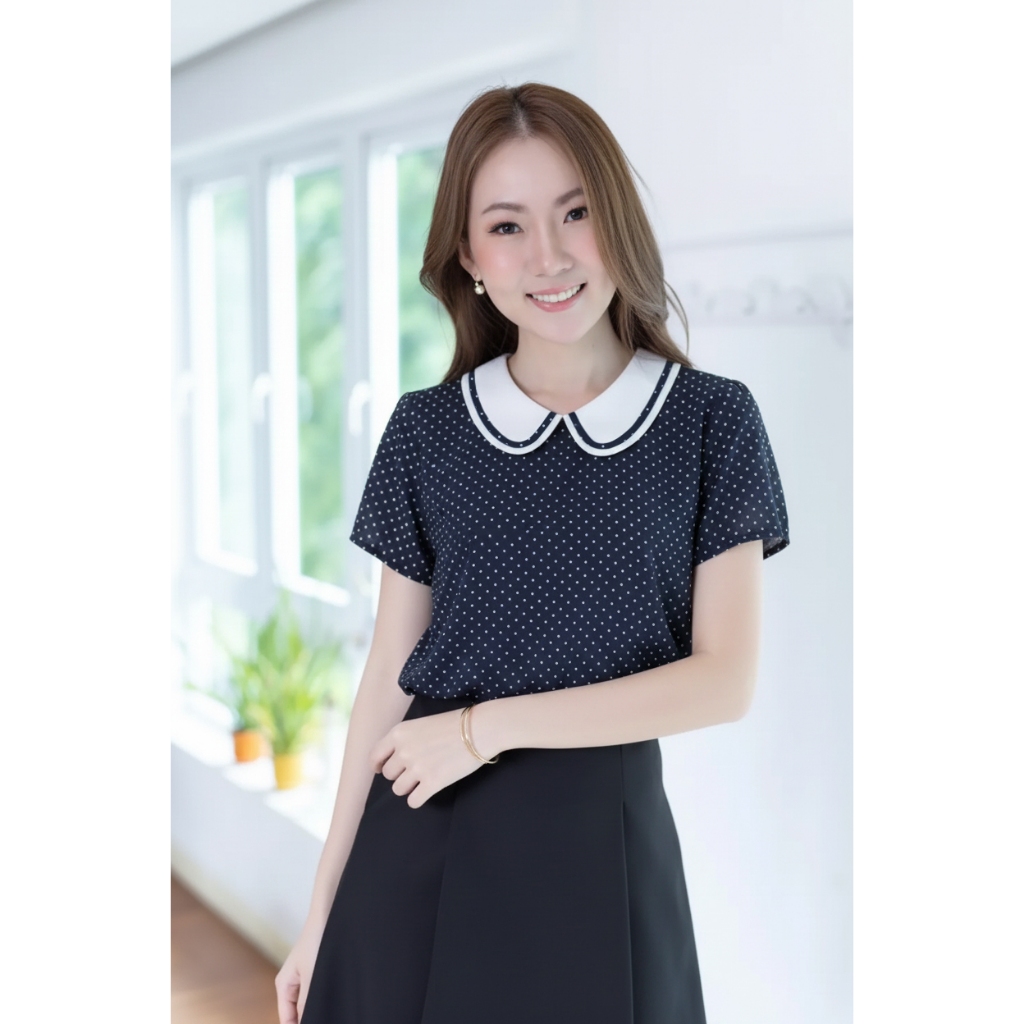 Narinari : MT4101 Trimmed Peter Pan Collar Blouse – Navy Blue Gingham