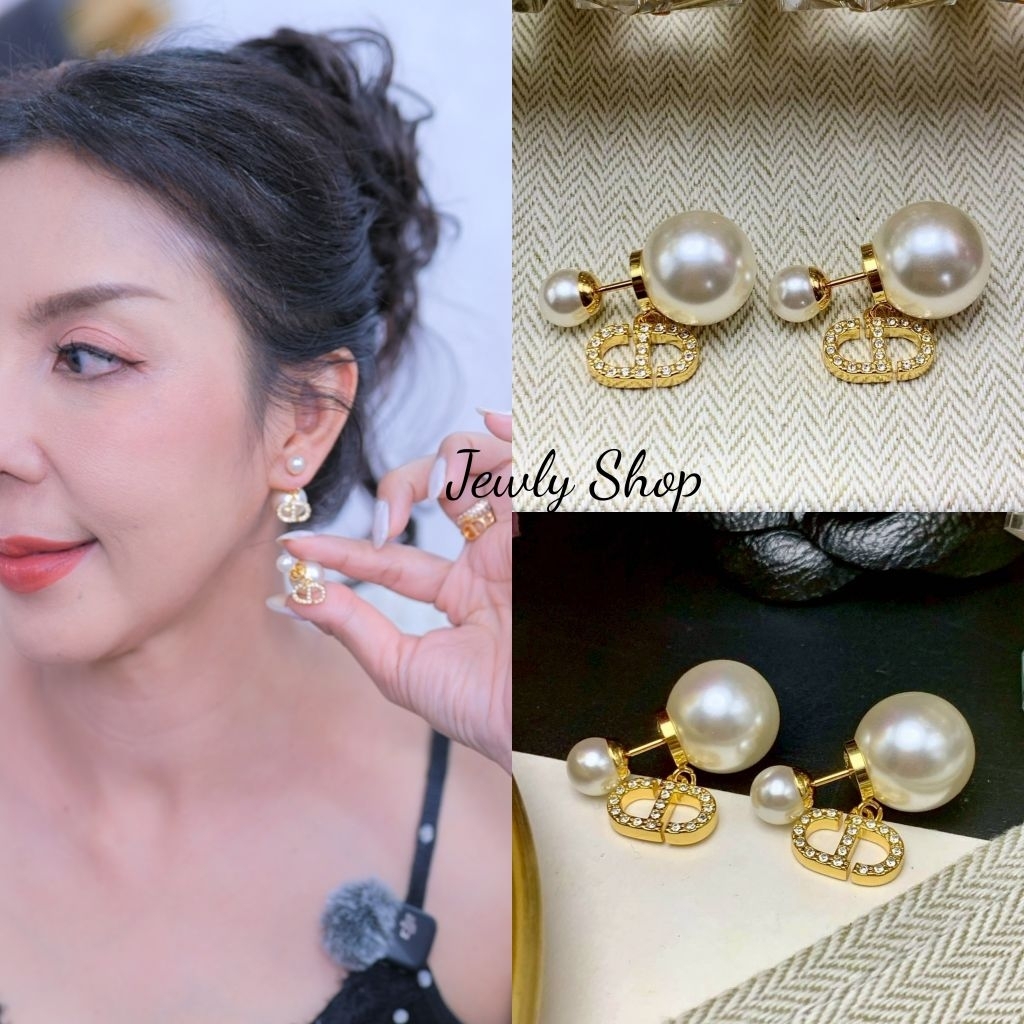 ต่างหู D  0ri  ต่างหูไข่มุกสีทอง ฝังเพชร สวยหรู  ปั้ม (ด76)