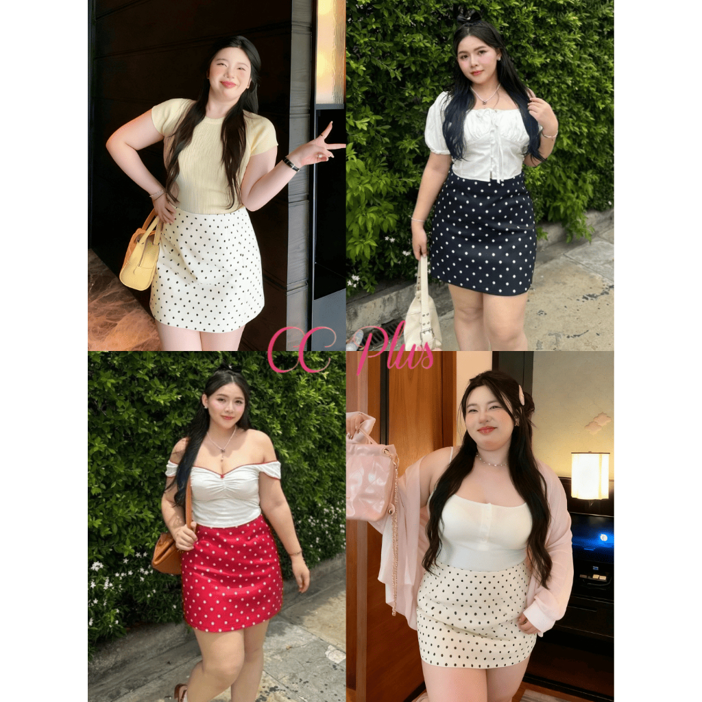 CiCi Plus+ (556) กระโปรงสั้น ลายจุดใหญ่ แมตช์ได้หลายลุค มีซับใน สไตล์สาวพลัสไซส์ เกาหลีสวยๆ