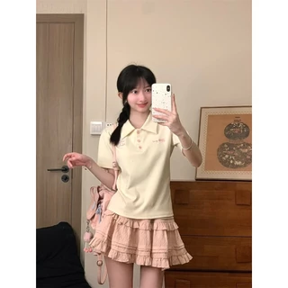 SuperCandy🌷เสื้อโปโล/เสื้อยืดปักตัวอักษรสีแอปริคอต สำหรับผู้หญิง สีพื้น แขนสั้น สไตล์ฤดูร้อน