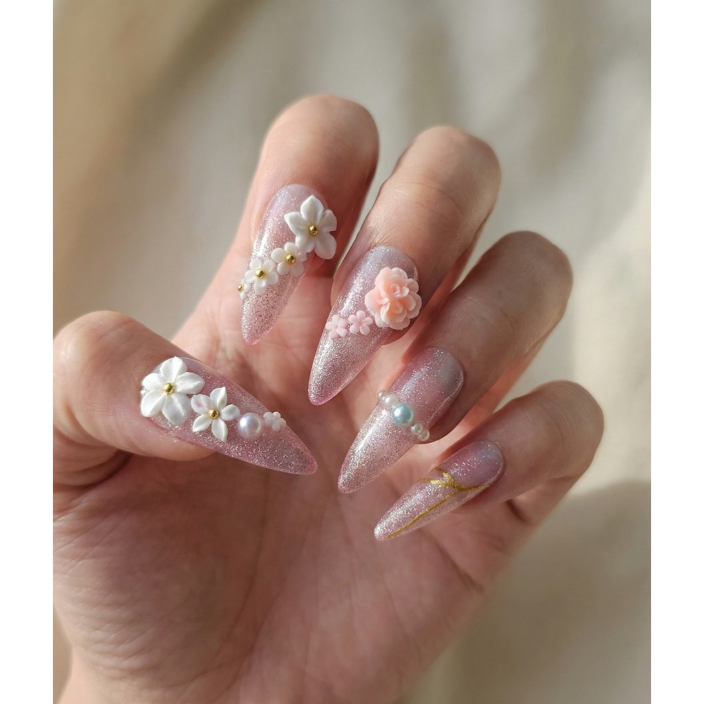 Nari Nails - Press-on Nails - Pink Glitter Shimmer with 3D White & Pink Flowers