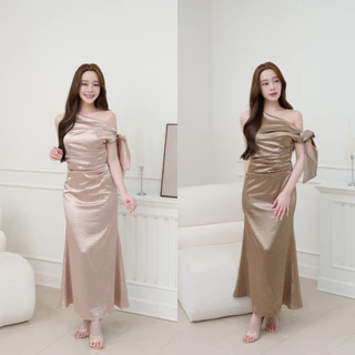 Pirunya - Long Dress 22 เดรสยาว ออกงาน ไหล่เดียว แขนกุด ผูกโบว์ ทรงสวย