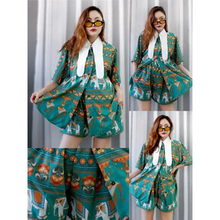 ชุดเซ็ท เสื้อเชิ้ตลายช้างปกขาว+กางเกงขาสั้น