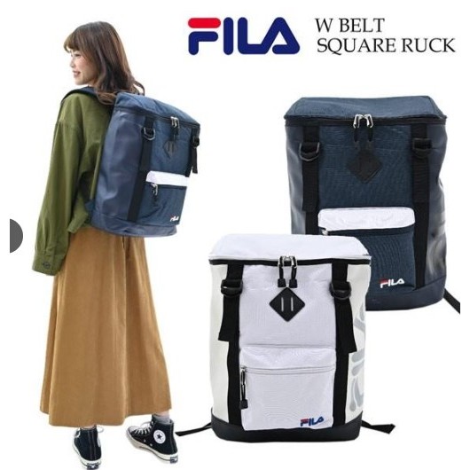 ⭐⭐ RARE! FILA Double Belt Backpack    กระเป๋าเป้ FILA ทรงสี่เหลี่ยม Unisex | ขนาด 45 ซม. | ของแท้