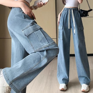 S~5XL Jeans Blue Elastic waistband pants กางเกงทรงตรงสีน้ำเงินแบบเทรนด์ กางเกงขายาวสวมสบาย Baggy jeans HOT