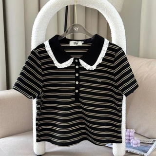 SISSY : เสื้อโปโลแขนสั้น (XS-XXL) คอบัวแต่งขอบลูกไม้ 2 ชั้น ปักอะไหล่เงิน ผ้าถัก cotton แมทซ์ง่ายทุกลุค