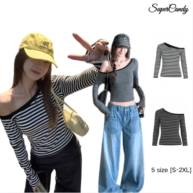 SuperCandy🌷เสื้อเปิดไหล่ลายทางใหม่สำหรับผู้หญิง เสื้อยืดแขนสั้นทรงเข้ารูปเซ็กซี่