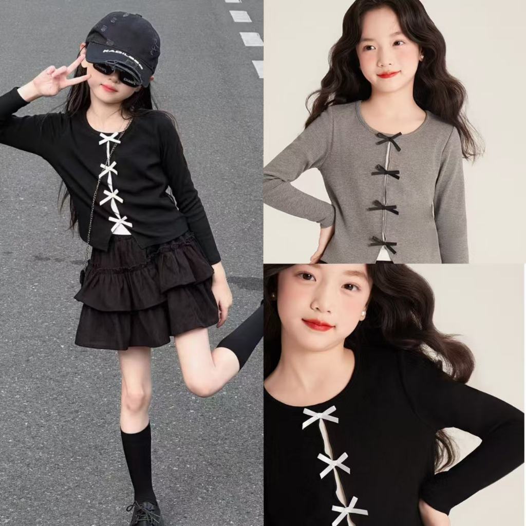 nana*988*เสื้อแขนยาวสำหรับเด็กผู้หญิง แต่งโบว์หน้าอก สไตล์เกาหลี